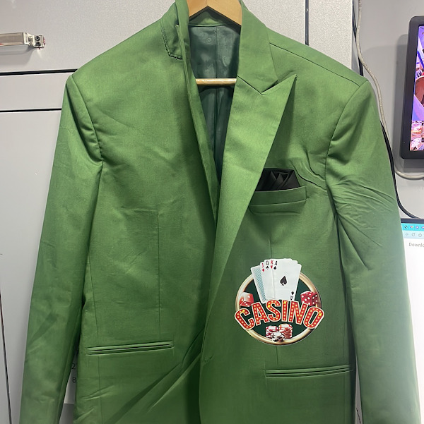 Large DTF printed design on green blazer — XP600 vs i3200 print head capability comparison