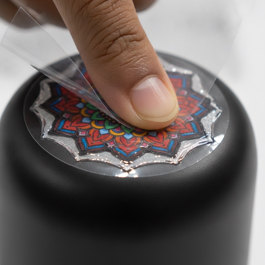Thumb pressing a glossy UV DTF mandala sticker onto a black steel bottle with the carrier film lifting away