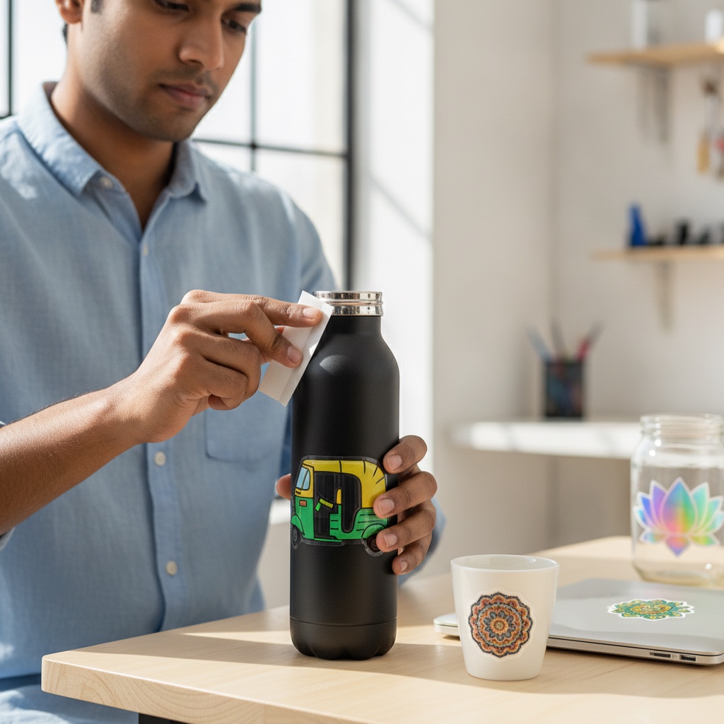 A man peeling the carrier film off an auto-rickshaw UV DTF sticker applied to a black steel bottle, beside a chai cup with a mandala sticker and a laptop with a sticker on the lid