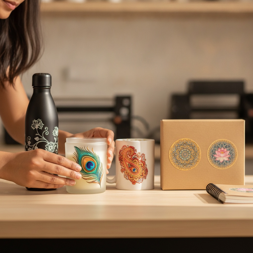 Hands pressing a peacock-feather UV DTF sticker onto a frosted glass candle jar, with a decorated steel bottle, paisley mug, mandala gift box and notebook alongside