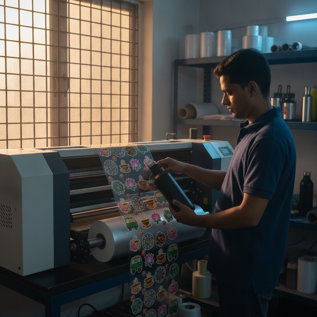 Operator checking a freshly printed roll of UV DTF stickers coming out of a large-format UV printer