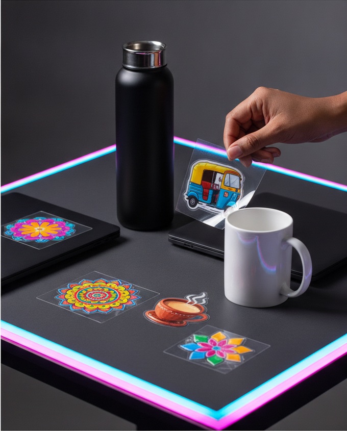 Auto-rickshaw, chai and mandala UV DTF stickers being applied on a bottle and mug