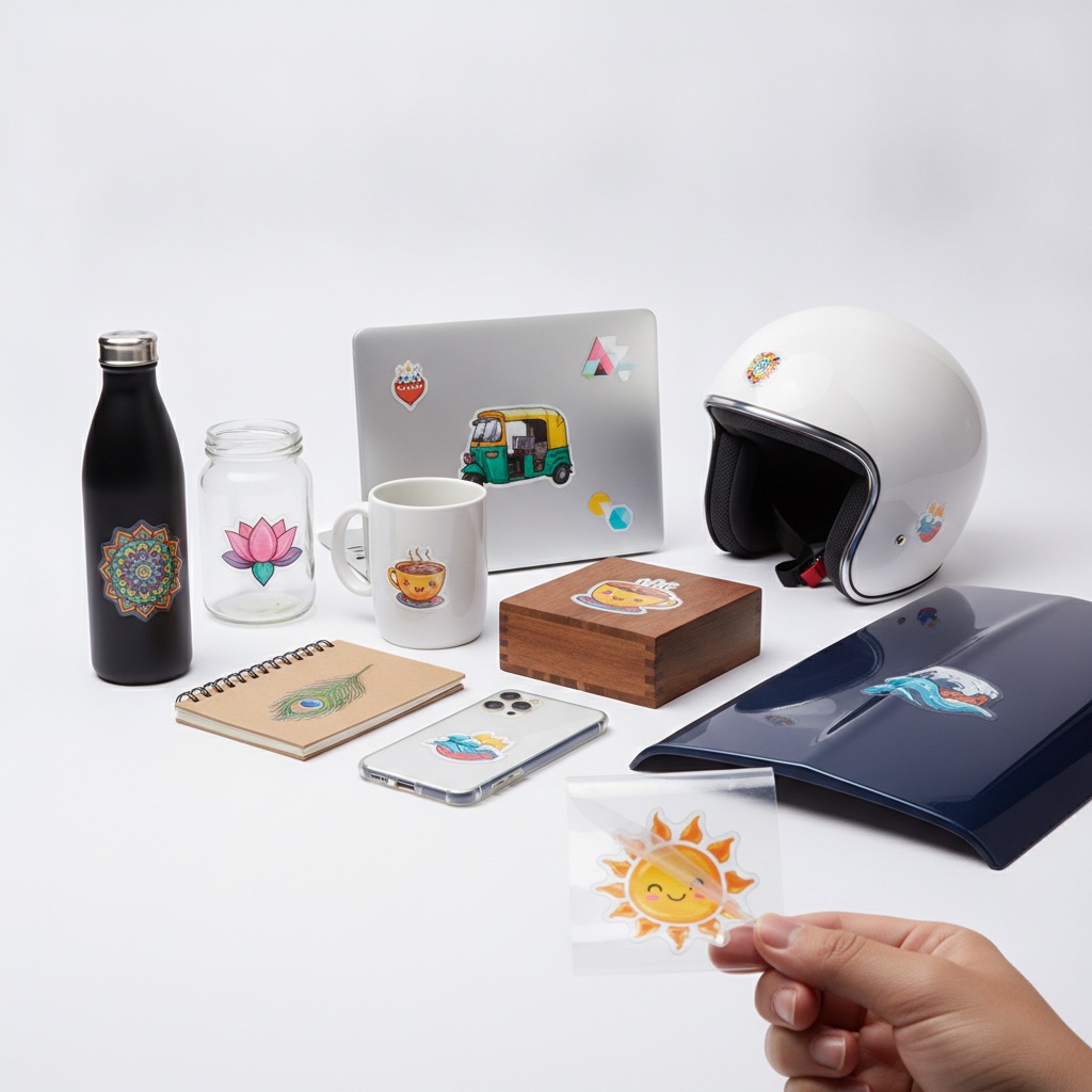 Nine products with UV DTF stickers: bottle, jar, mug, laptop, helmet, box, notebook, phone case, car panel