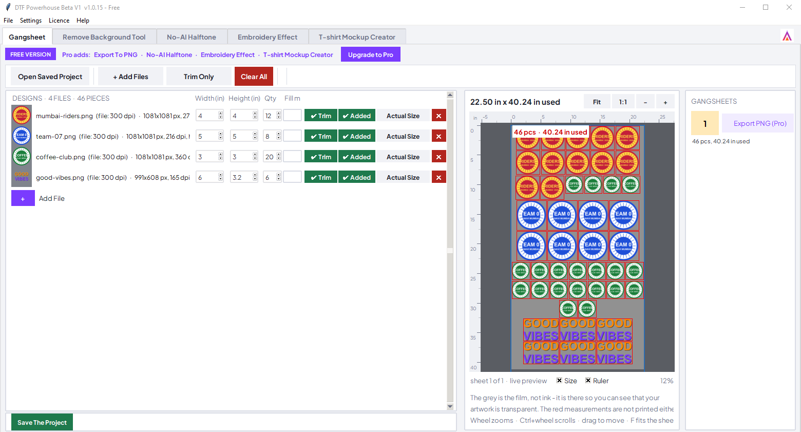 DTF Powerhouse free version: designs list, live gangsheet preview, Save The Project