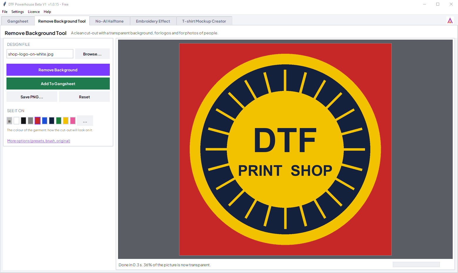 Remove Background Tool: a logo cut out and shown on a red garment colour