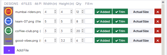 The designs of a job with their sizes and quantities