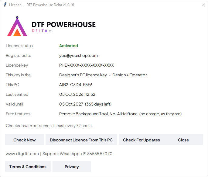 The Licence window of DTF Powerhouse Delta