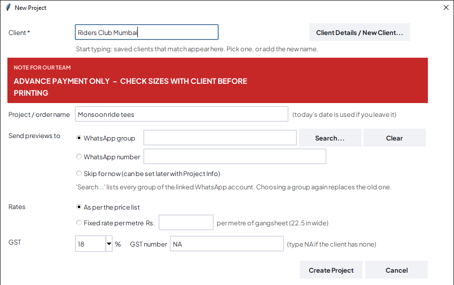 The New Project window with a client's note in a red box