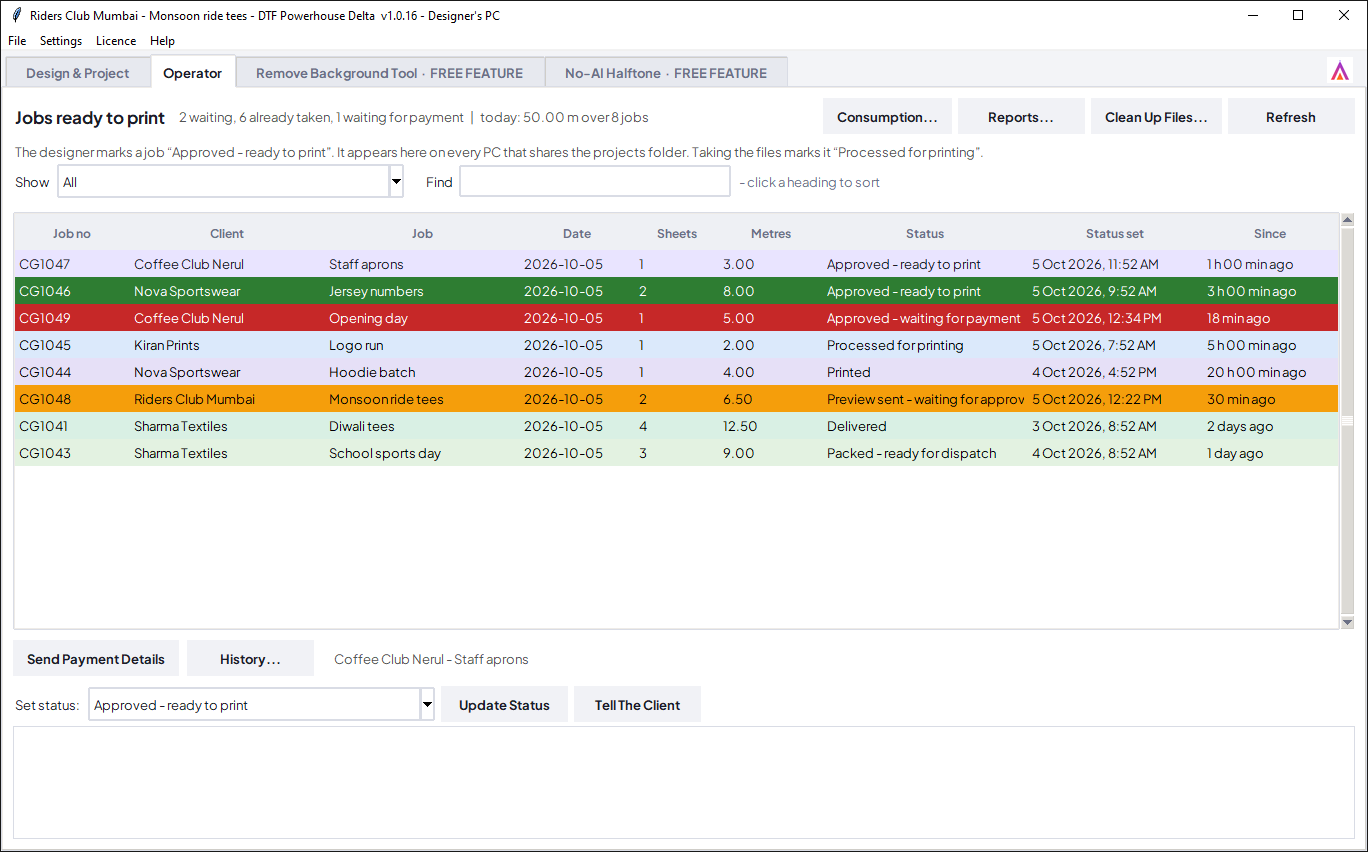 The Operator desk of DTF Powerhouse Delta with jobs at every stage