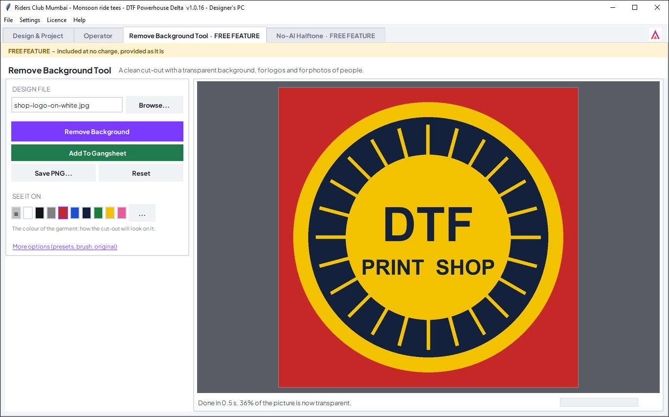 The Remove Background Tool with a cut-out logo on a red garment colour