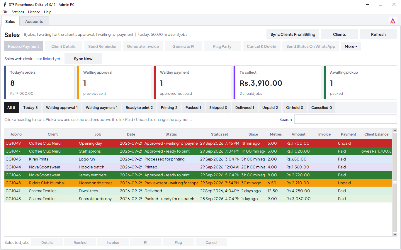 The Sales desk of DTF Powerhouse Delta on the Admin PC