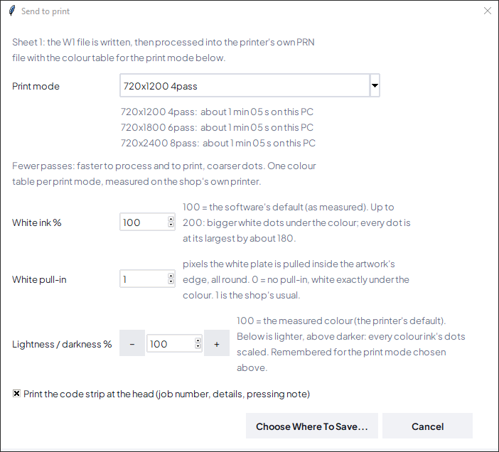 The Send To Print window with print mode, white ink and lightness