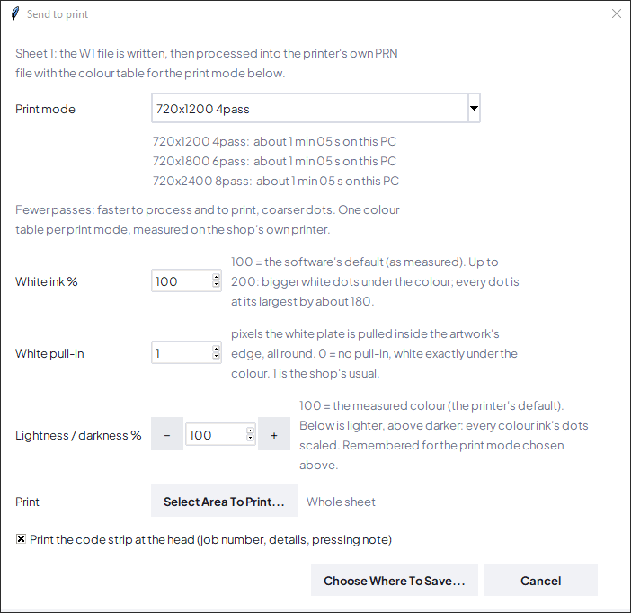 The Send To Print window with print mode, white ink and lightness