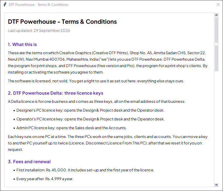 The Terms and Conditions window
