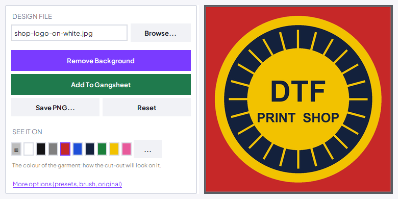 Remove Background Tool: one button, the cut-out shown on red