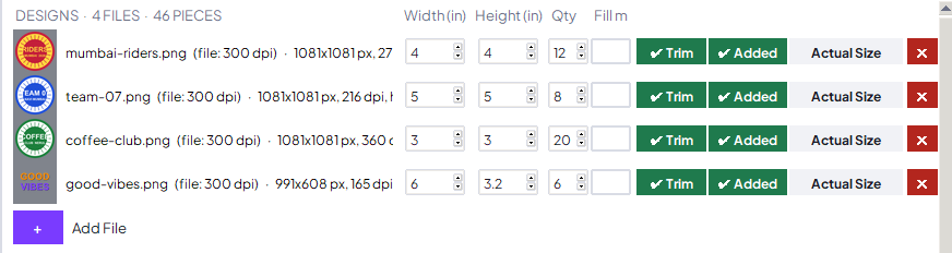 Designs with width, height, quantity, Trim and Add